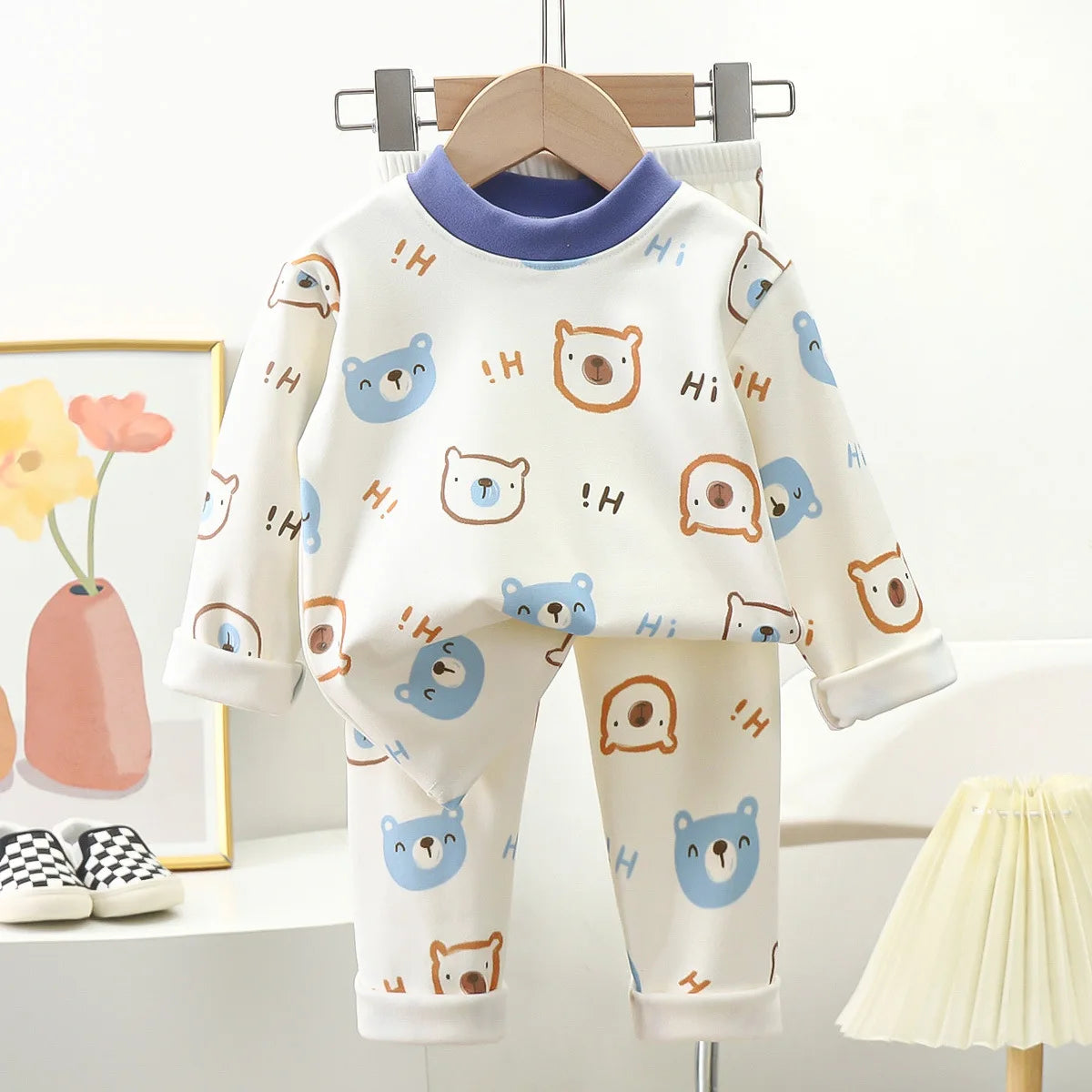 New Kids Autumn Warm Pajamas , Cute Cartoon Bear Long Sleeve T-Shirt Top + Pants Baby Sleepwear