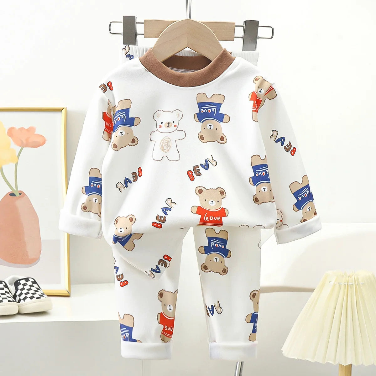 New Kids Autumn Warm Pajamas , Cute Cartoon Bear Long Sleeve T-Shirt Top + Pants Baby Sleepwear