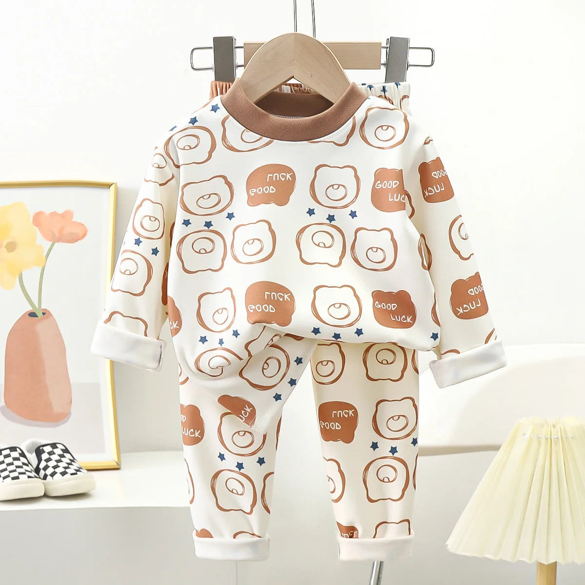 New Kids Autumn Warm Pajamas , Cute Cartoon Bear Long Sleeve T-Shirt Top + Pants Baby Sleepwear