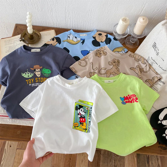 Summer Mickey Mouse Cartoon Print Kids Short Sleeve T-shirts Popular Design Children's Round Neck T-shirts